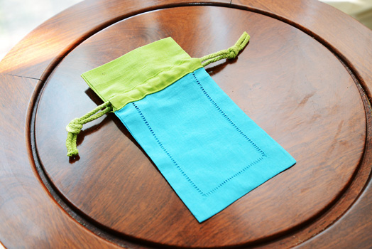 Hemstitch sachet bag, multi color, aqua & hot green border - Click Image to Close